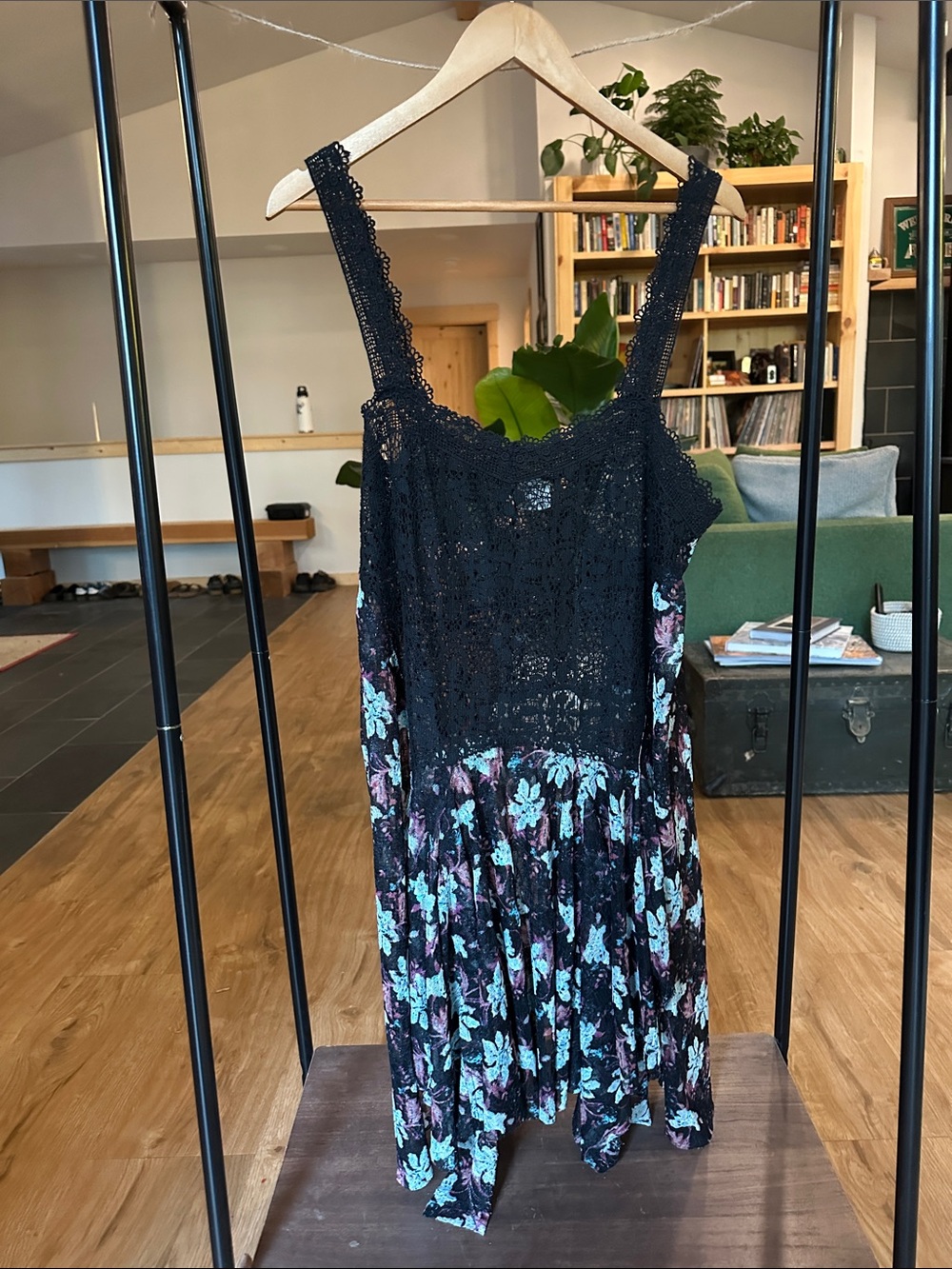 Free People Black Lace Mini Dress with Teal & Purple Floral Skirt